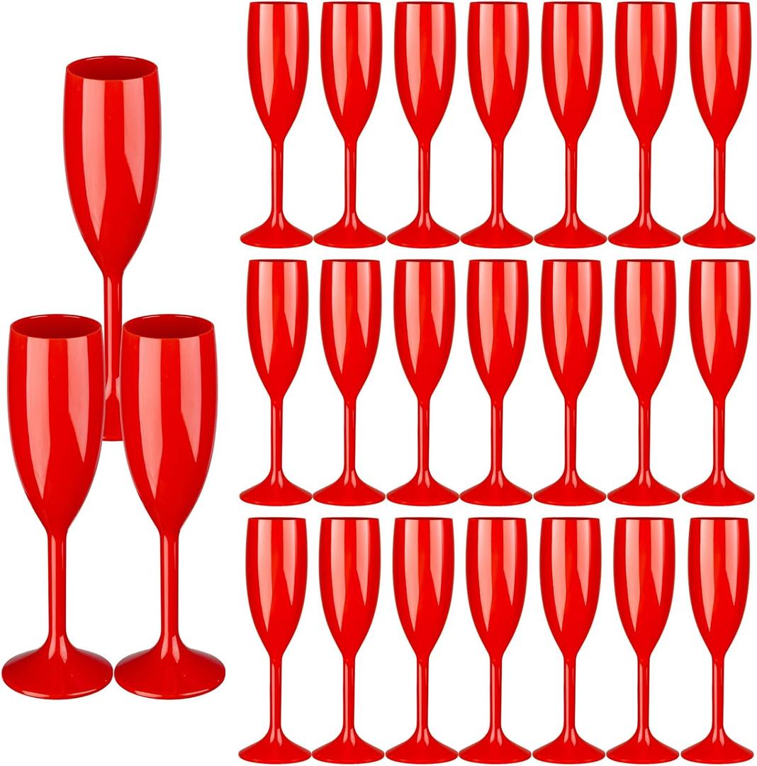 24pcs Red Champagne Flutes,6OZ Acrylic Champagne Glasses Plastic Goblets Wine Mimosa Glasses Wedding Toasting Shatterproof Reusable Vintage Champagne Flute Drinking Cups for Bridal Christmas Party