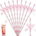 50 Pcs Pink Bow Paper Straws Bulk Pink and White Disposable Striped Straws for Drinking, Pastel Theme Party Supplies for Birthday Wedding Bachelorette Baby Shower Cake Decor
