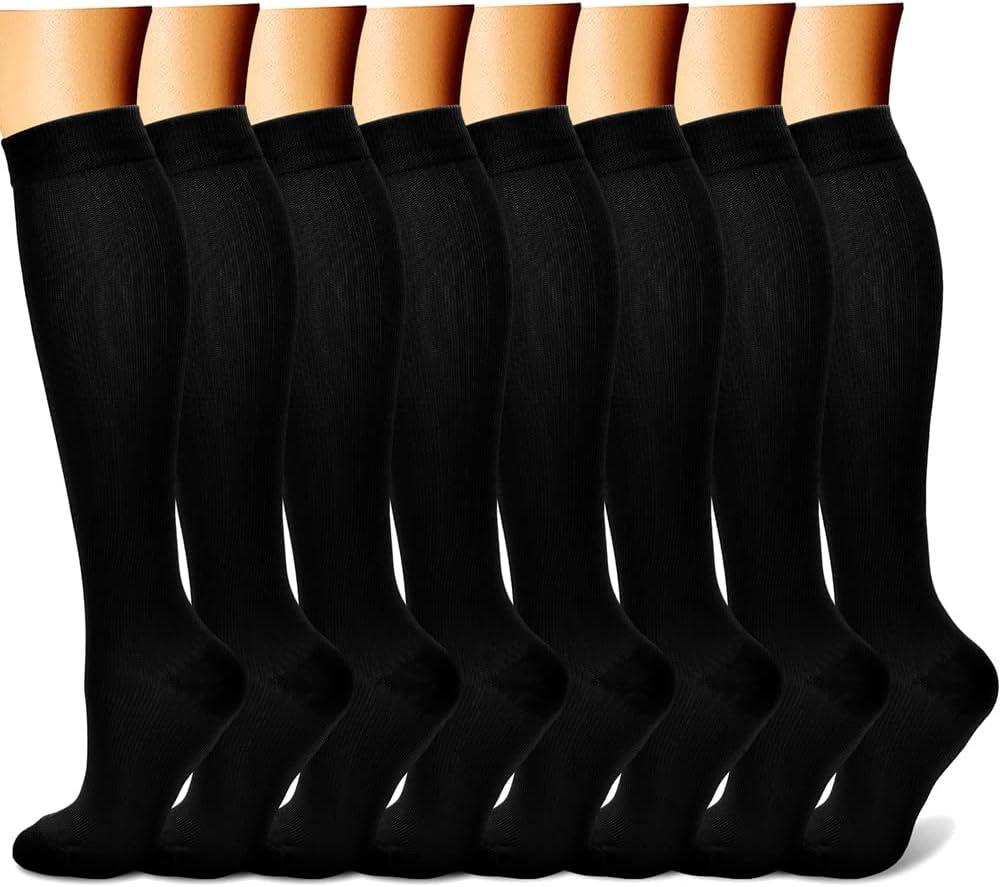 CHARMKING Compression Socks for Women & Men Circulation (8 Pairs) 15-20 mmHg is Best Support for Athletic Running,Cycling (Black, L)