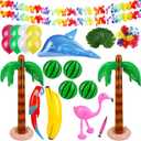 Ruisita Inflatable Luau Party Set 2 Pack Palm Trees 4 Pack Inflatable Watermelon 12 Pack Hawaiian Flowers 12 Pack Monstera Leaves 20 Pack Balloons Wingless Parrot Flamingo Banana for Party Supply, Medium