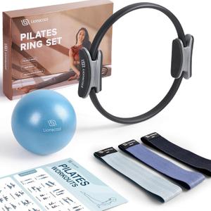 LIONSCOOL Pilates Ring Set 14" Anti-Deformation Magic Circle with Padded Handles, Mini Ball, Resistance Bands, Guide & Bag