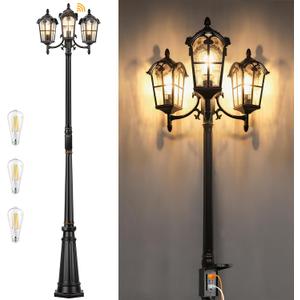 Black Roman Dusk to Dawn Outdoor Lamp Post with GFCI Outlet, Triple Head Aluminum Street Light Post for Outside, Waterproof Pole Lighting Fixture with Water Glass for Backyard Garden Patio Driveway