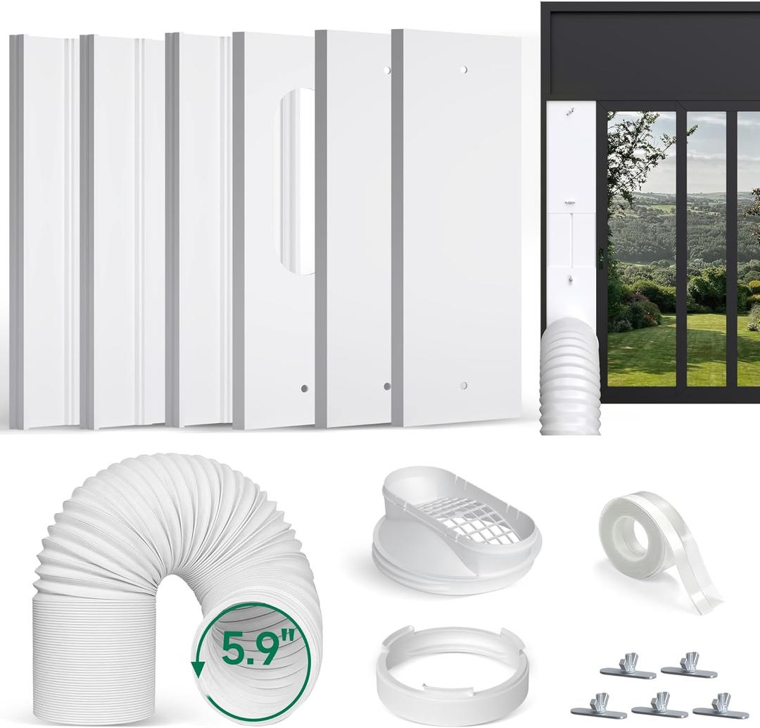 Upgraded Portable Air Conditioner Window Vent Kit, With 5.9 Exhaust Hose, 6 Slide Seal Plates, Universal Coupler, Adjustable AC Vent Kit Ducting Universal for Horizontal & Vertical Windows
