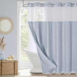 MitoVilla No Hooks Needed Farmhouse Shower Curtain with Snap-in Liner - with Window & Magnets, Boho Cotton Linen Fabric Shower Curtains with Tassels for Rustic Bathroom Decor, Blue, 72 x 74