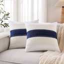 Soft Cotton Boho Throw Pillow Covers Set of 2, Natural White/Contrast Navy Blue 16x16 Inch, Navy Blue Farmhouse Decorative Cushion Covers for Sofa Bed Living Room Home Decor