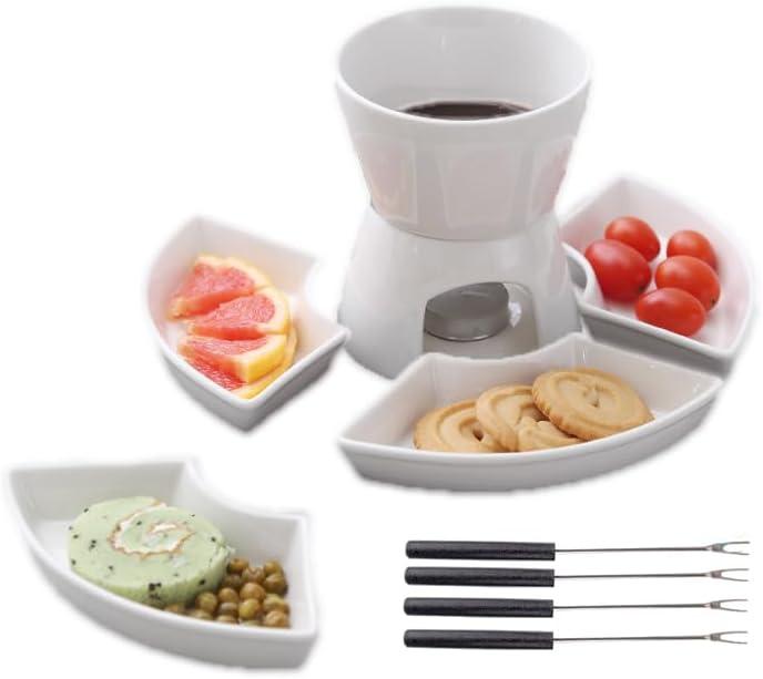 Fondue Pot Set, Ceramic Butter Warmer Set with 4 Forks and 4 Dishes, Cheese Fondue Pot, Fondue Pot Melting Pot Set, Melt Hot Pot Bowl Set For Cheese Chocolate Butter Caramel