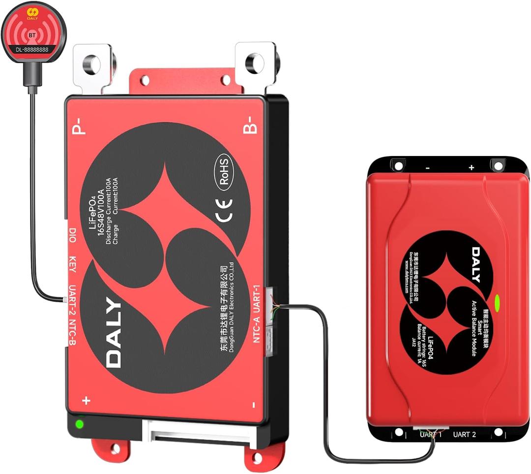DALY BMS 48V 16S 100A Balance - 1A Active Cell Balancing BMS with Bluetooth Module for 48V LiFePO4 Battery Pack Golf Carts Electric Motors Solar Energy Power Systems