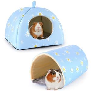 Bienbee Guinea Pig Hideout, Washable Rabbit Bed with Guinea Pig Tunnel, 2 Pack Guinea Pigs Toys Set Bunny Hideout Cage Accessories for Hamster Ferret Rabbits Bunny, Blue Daisy