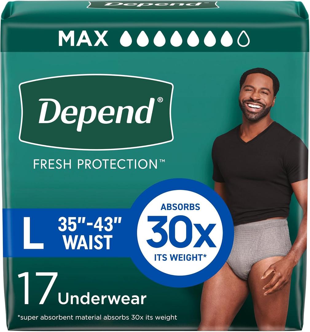Depend Fresh Protection Adult Diapers, Incontinence Underwear for Men, Disposable, Maximum, Large, Grey, 17 Count