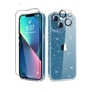 MIODIK Compatible with iPhone 13 Case with Screen Protector + Camera Lens Protector, Clear Glitter Shockproof Protective Phone Case, Slim Women Girls iPhone 13 Cover 6.1 inch - Sparkle Clear