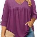 Siddhe Plus Size Women's 3/ 4 Sleeve Tops, Plus Size Purple Blouses for Women Shirts Dressy Casual Purple Business Casual Outfits Tunic Tops, Wine Red, XXL