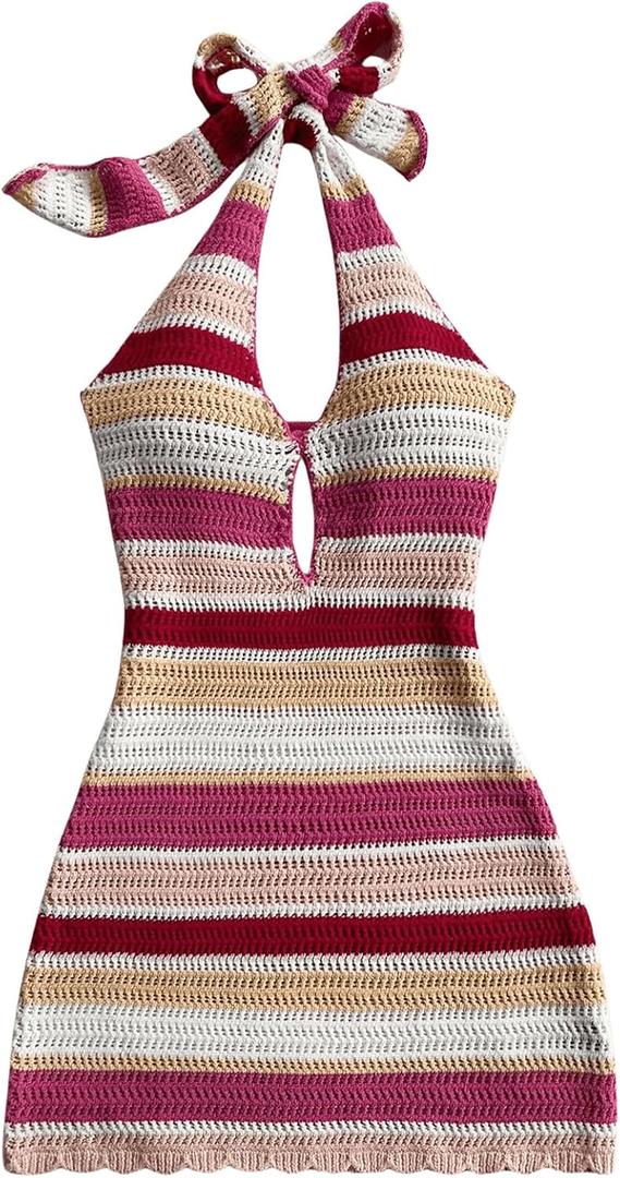 MakeMeChic Women's Striped Halter Mini Dress Tie Back Cut Out Bodycon Short Dresses (Large, Multicolor) MakeMeChic Women's Striped Halter Mini Dress Tie Back Cut Out Bodycon Short Dresses (Large, Multicolor)