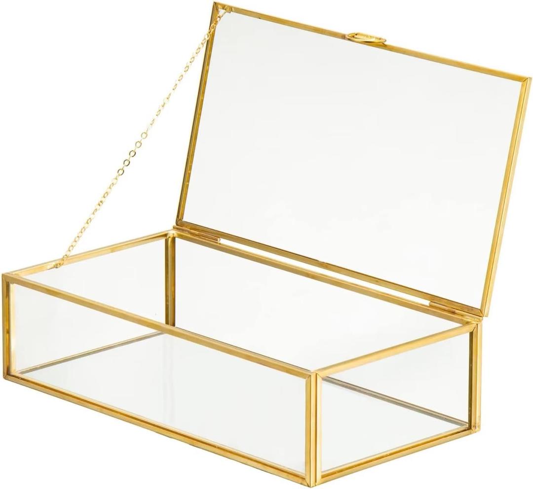 Vintage Glass Jewelry Box Keepsake Box with Hinged Lid, Great for Storage Trinket/Jewelry/Card/Photo, Gold Decorative Box for Dresser-15612E (Small, Glod / Transparent)