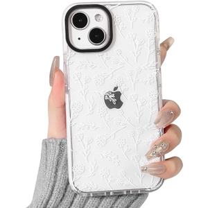 2 x NITITOP Compatible for iPhone 15 Case Cute Flower Floral Clear for Women Girl Ultra Slim Crystal Shockproof Soft TPU Anti-Yellow Protective Phone Cover - White
