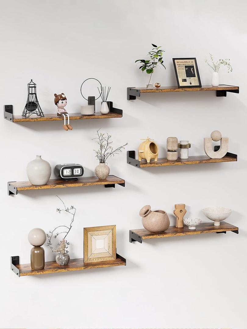 Floating Shelves for Wall, Shelves for Decor Storage Set of 6, Wall Mounted Wood Shelf for Bedroom, Living Room, Bathroom, Kitchen,Long Picture Ledge Shelves. (Brown), 15.7 Inches X 5.1 Inches X 1.7 Inches