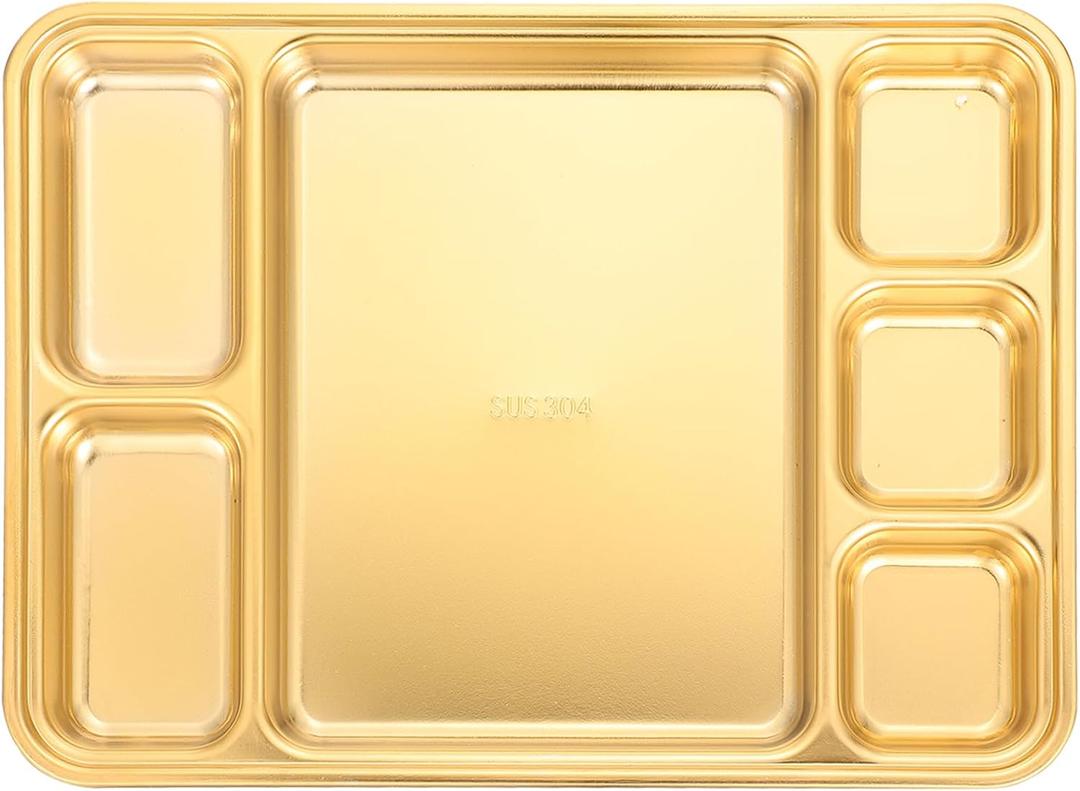 Cabilock Stainless Steel Divided Plates Dish, 6 Section Food Serving Platter, Household Rectangular Veggie Fruit Tray for Breakfast Dinner Snack Dessert, Golden
