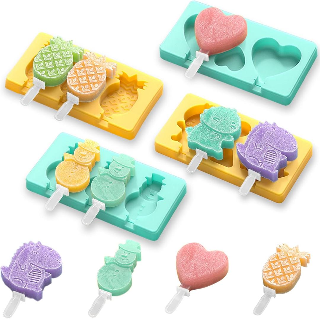 Kids Cartoon Popsicle Molds - 4 Pack, 10-Cavity Food-Grade Silicone Ice Pop Cream Molds, with Reusable Sticks, Non-Stick Flat Design, Easy Release, Stackable for Space Saving (Dinosaur + Love + Snowman + Pineapple)