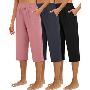 Huukeay 3 Pack Women's Capri Sweatpants, Cozy Wide Legs Cropped Capri with Pockets, Lounge Jogger Pants Workout Yoga Solid (X-Large, Black, Dark Gray, Pink)
