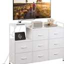 WLIVE White TV Stand with Charging Station, Entertainment Center with 8 Fabric Drawer, TV Media Console Table Open Storage Shelves, Wood Top for Living Room, Hallway, White, (ASNG104)