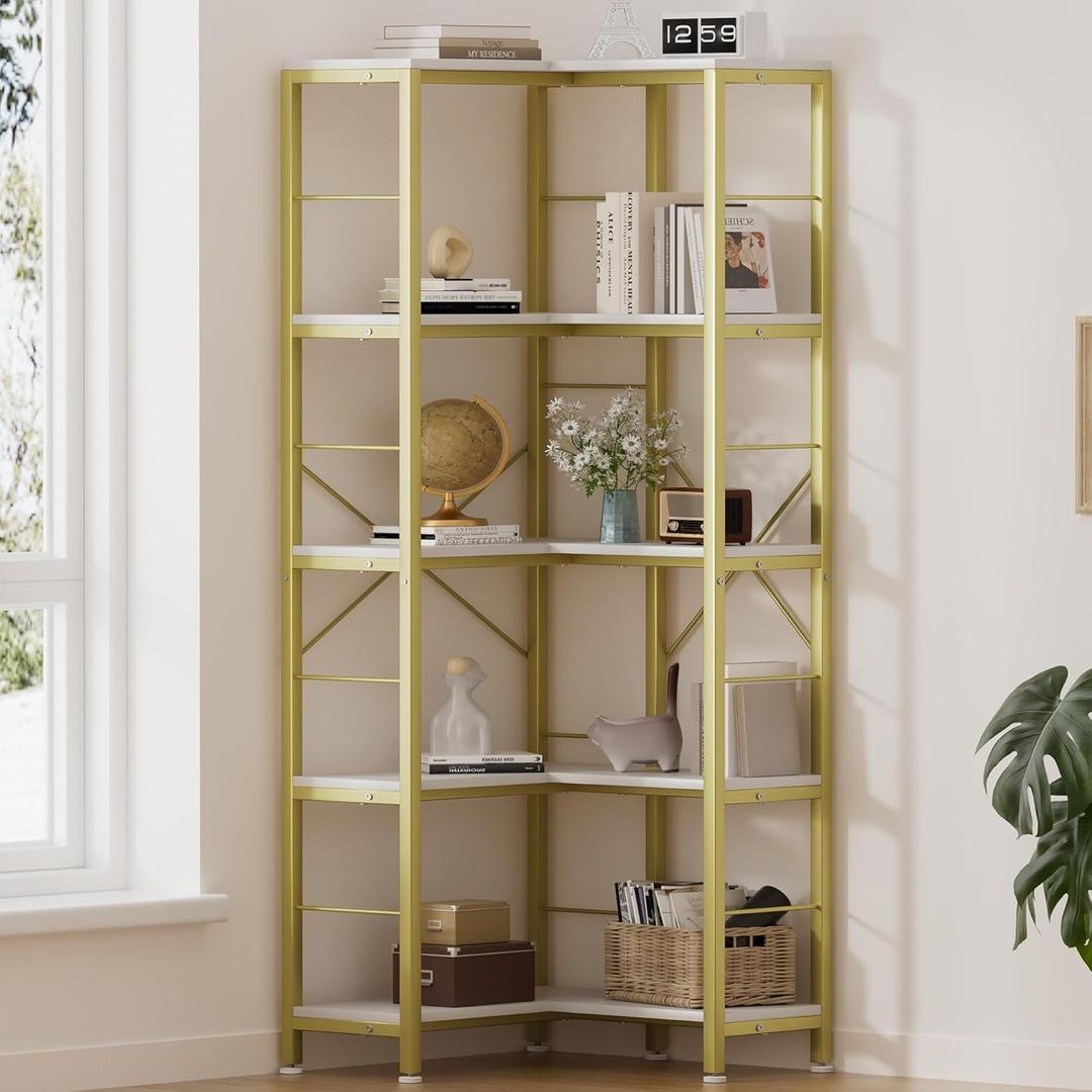 5-Tier Corner Bookshelf, 70.86" Tall Corner Bookcase,5-Shelf Industrial L-Shaped Coner Shelf with Metal Frame for Home Office,Living Room,Bed Room(Gold)