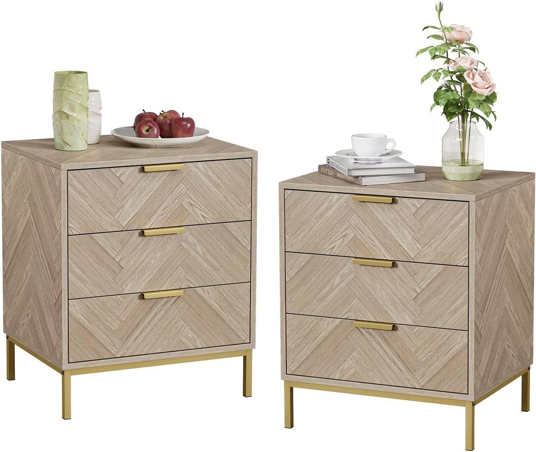 Anmytek Nightstand Set of 2 with 3 Drawers, Modern Night Stand for Bedroom, Wood End Table, Square Bedside Table for Sofa, Natural Oak