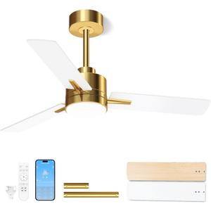 LANMEL 42'' Ceiling Fan with Lights and Remote, Low Profile Modern Ceiling Fan Gold, 6 Speed, Reversible, 3000k-6000k LED, Quiet DC Motor for Indoor Outdoor Bedroom Living Room