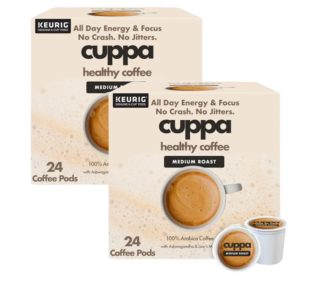 Cuppa Healthy Mushroom Coffee Single Serve Pods (K-Cups) with Lion's Mane & Ashwagandha for All Day Energy & Focus - No Crash or Jitters - Nootropics for Brain Health, Gut Health, Immunity, Stress, Memory + Mood - 48 Servings (Pack of 2)