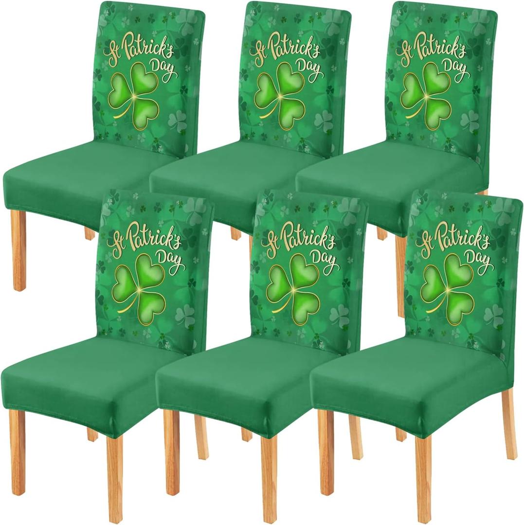 Faptoena Happy St.Patrick's Day Dining Chair Covers Set of 6,Green Shamrock Parsons Chair Slipcovers,Lucky Clover Kitchen Decor Chair Seat Cover Protectors(Shamrock,6 Pack)