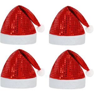 CCINEE 4 Pcs Santa Hats for Adults, Red Sequin Christmas & Xmas Hats for Home Decoration & Party Costume Supplies