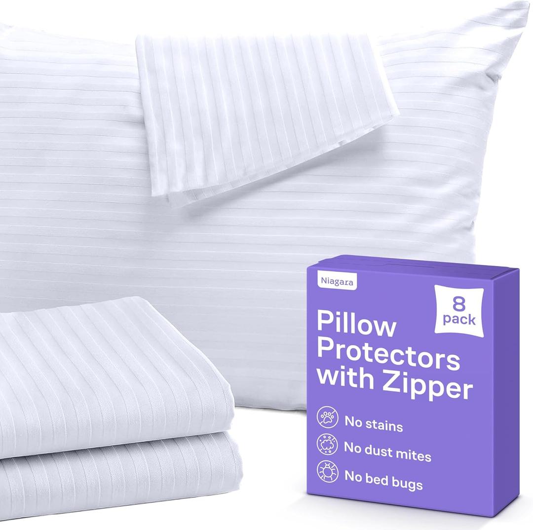 Set of 8 Pillow Protectors with Zipper Queen Size - 100% Resistant to Stains, Dust & Dirt - Washable Covers for Increased Pillow Lifespan