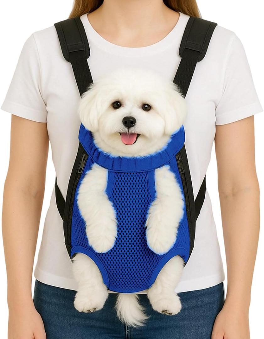 Dog Backpack Carrier, Adjustable Pet Front Carriers, Legs Out Carrying Sling Travel Bag for Small Medium Dogs 4-7 Lbs, Soft Wearable Puppy Chest Carry Backpacks for Walking/Hiking/Camping/Traveling (Blue)