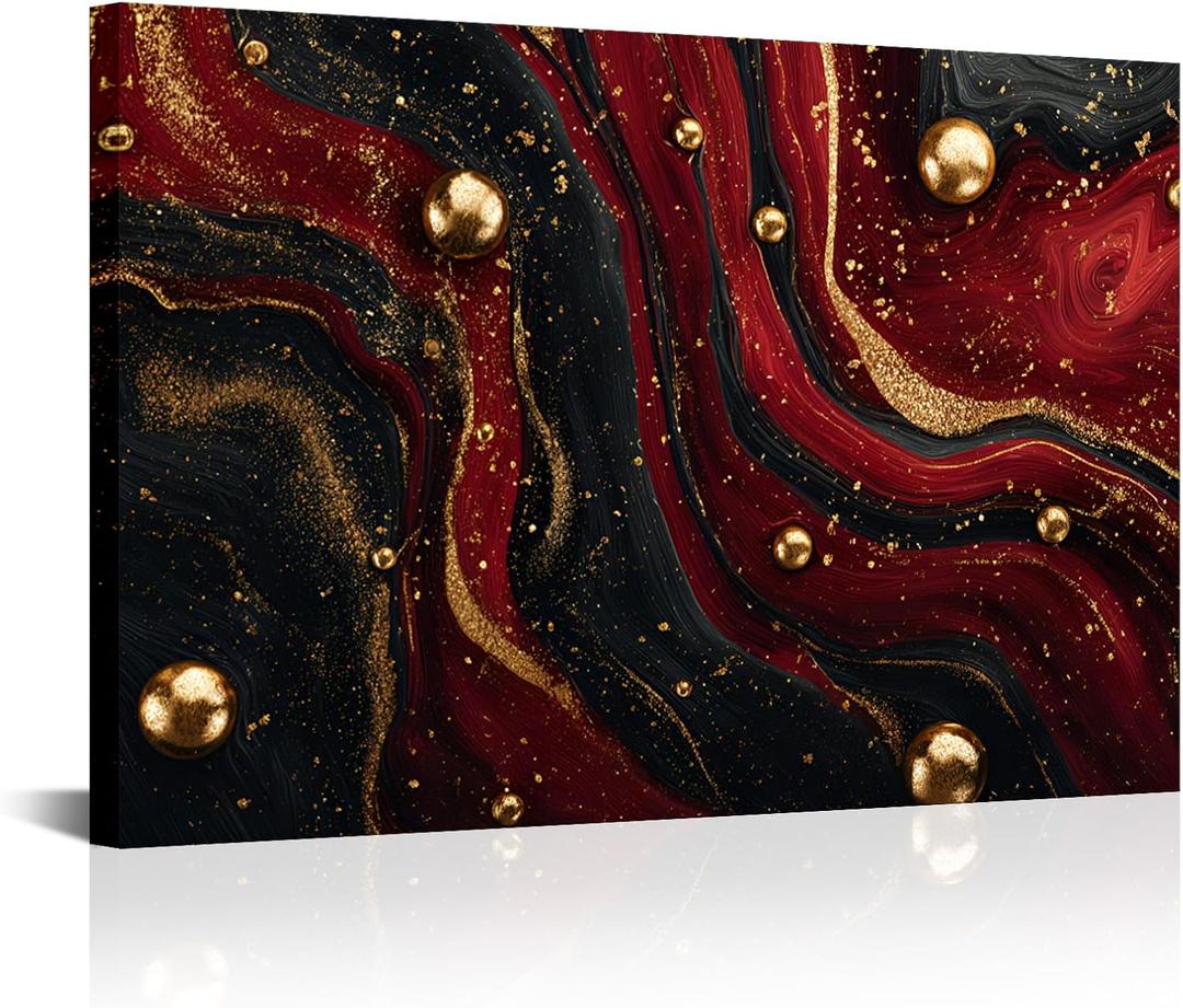ChaudArt Glamorous Red and Black Marble with Gold Accents Wall Decor for Luxe Lounge Evoking Opulent Elegance, 36"L x 24"W
