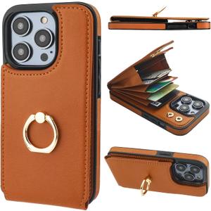 Folosu Compatible with iPhone 14 Pro Case Wallet with Card Holder, 360Rotation Finger Ring Holder Kickstand, RFID Blocking Leather Protective Double Buttons Shockproof Cover 6.1 Inch Brown