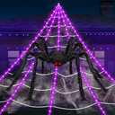 Halloween Decorations Outdoor Spider Web Lights, 23Ft 350 LED Light up Spider Web with 6.6Ft Giant Spider, 8 Modes Waterproof Timer Spiderweb Lights for Garden  Haunted House Decor, Purple