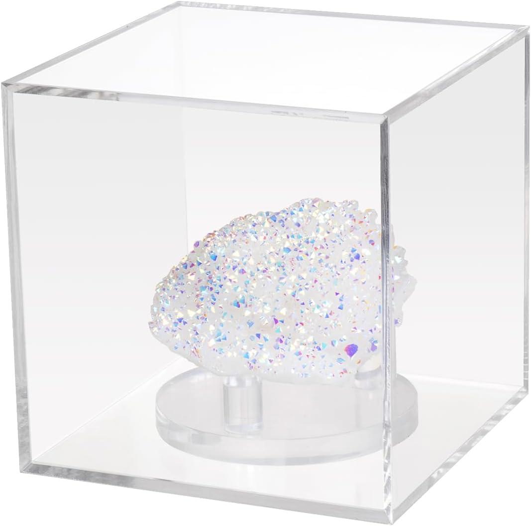 3 Pegs Round Display Easel Stands with Transparent Acrylic Box, Multiple Decoration Storage Case, Small Items Stands for Displaying Collectible Stone Rock Mineral Geodes (Medium-4x4x4in, 1Pcs)