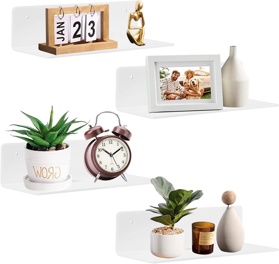 9 Inch Acrylic Floating Shelf No Drill Adhesive Wall Shelf Set of 4 for Funko Pop Storage, Floating Shelves Damage-Free Expand Wall Space for Living Room, Bathroom, Gaming Room, Office - White