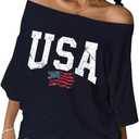 SOLY HUX Women's Graphic Tees Off The Shoulder Letter Print Oversized T Shirt Half Sleeve Casual Summer Tops (Blue, L)