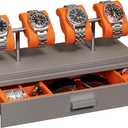 ROTHWELL Luxury Watch Display Case for 4 Watches  Leather Watch Box with Acrylic Cover and Removable Slide in Cushions  Accessory Drawer with Multiple Configurations (Grey/Orange)