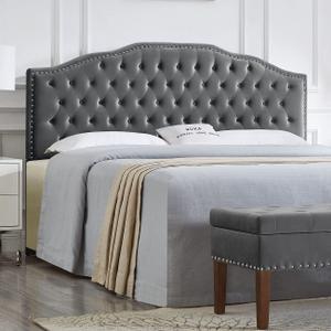 24KF Upholstered Button Tufted King Size Headboard with Nailhead Trim, Soft Velvet Fabric Headboard King/Cal King Size -Dark Gray