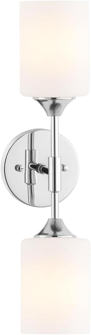 BYOLIIMA 2-Lights Modern Wall Sconce White Cylinder Glass Shades Mid Century Bathroom Vanity Wall Light Fixtures Industrial Wall Lamp for Bedroom Mirror Living Room Restaurant(Chrome Color)