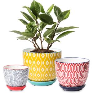 Selamica Ceramic Plant Pots, Indoor Flower Pots for Indoor Plants, 3.5+4.6+5.5 Planters with Drainage Hole & Saucer, Set of 3, Home Decor, Assorted Colors