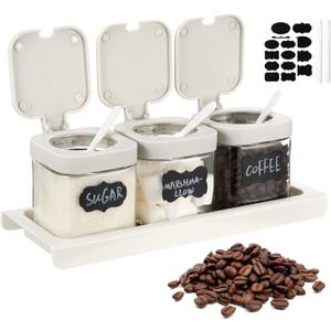 Suclain 3 Pcs Glass Coffee Containers Coffee Station Organizer Set, Airtight Bean Storage Jars with Shelf, labels, spoon, Base and Pen, for Sugar, Candy, Oats, Nuts(White)