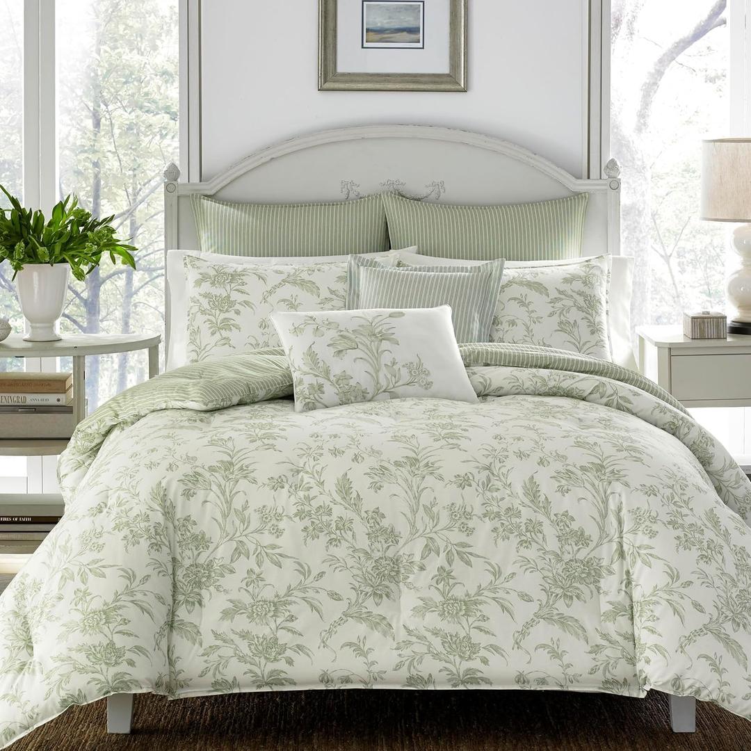 Laura Ashley - Queen Comforter Set, Reversible Cotton Bedding, Includes Matching Shams with Bonus Euro Shams & Throw Pillows (Natalie Sage/Off White, Queen)
