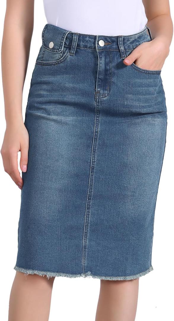 Allegra K Women's Casual Jean Skirt High Waist Back Slit Stretch Denim Skirts (Blue)
