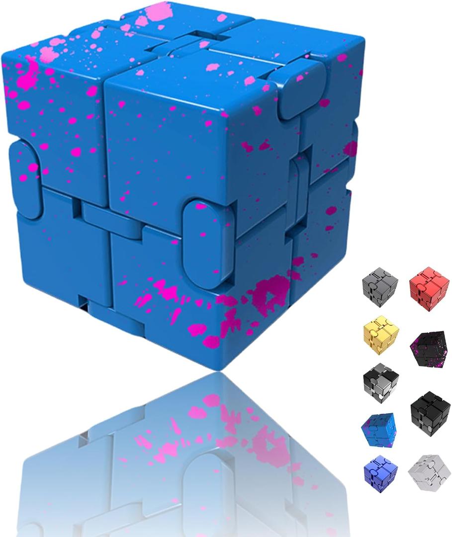 Oiikain Metal Infinity Cube Fidget Toy - Aluminum Alloy Anti-Stress and Anxiety Finger Flip Cube for Adults, Men, and Women, Ideal Desk Toy for Work or Home - Infinity Cube Desk Toy (Blue-Pink)