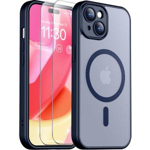 SPIDERCASE Designed for iPhone 15 Case, Magnetic Translucent with 2PCS Tempered Glass Screen Protector Anti-Fingerprint Anti-Scratch Phone Case,Blue