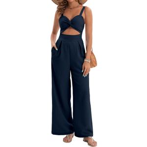 AGERWAY Womens Summer Jumpsuits Dressy Sexy V Neck Twist One Piece Outfits Sleeveless Casual Wide Leg Long Pant Rompers (S)