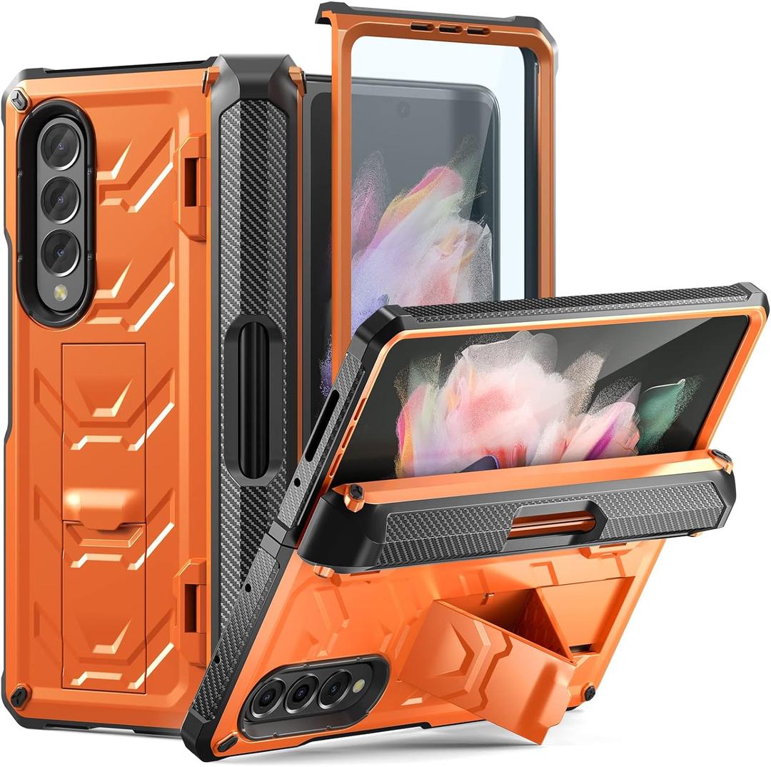 Rugged Case Armor for Samsung-Galaxy-Z-Fold-3 w/ Built-in [Kickstand] [S Pen Holder] [Screen Protector] [Hinge Protection], Heavy Duty Shockproof Protective Cover NOT FIT Z Fold4/2 (Orange)