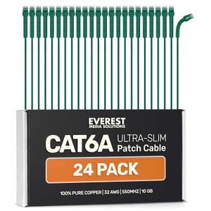 Everest Ultra Slim Cat6a Ethernet Patch Cables 1.5ft (24-Pack) Green - 10GB Cat 6a Patch Cable - Bendable, Flexible & Thin Ethernet Cable - Space Saving 32AWG 550MHZ Cat6a Cables - 100% Copper Wires