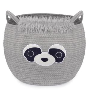 Raccoon Large Blanket Woven Basket for Nursery,Rope Cotton Storage Gift Basket,Baby Oval Bear Laundry 0rganizer with Ears Handles, Cute Animal Baskets Clothes Decor Storage Bins,13" D12" H (Grey02)
